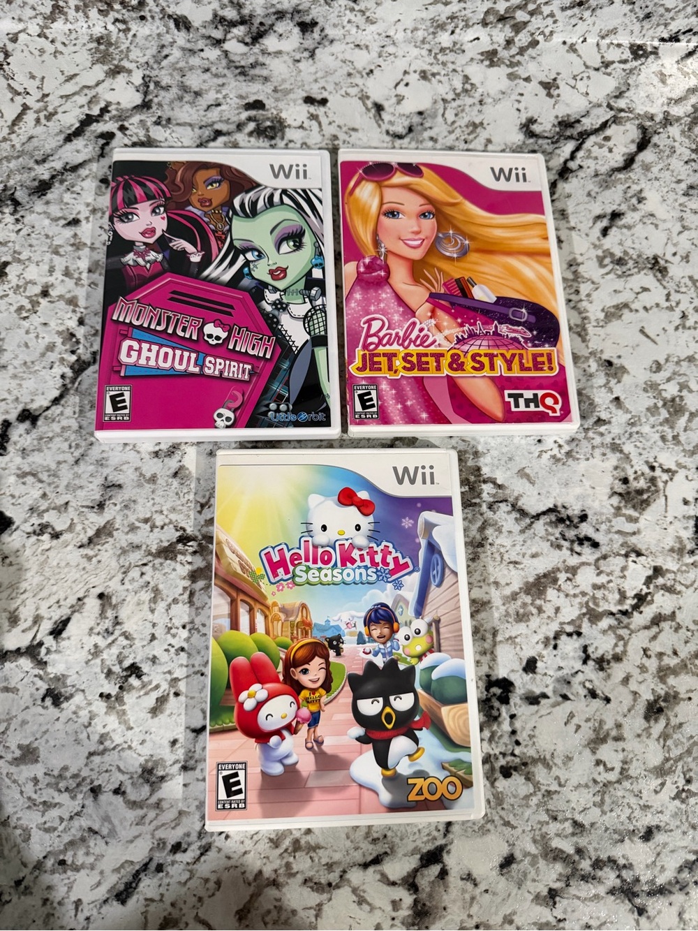 Nintendo Wii Girl's Game Lot - Monster High, Barbie Jet Set & Style, Hello Kitty